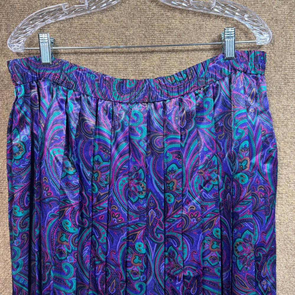 VTG Koret Multicolor Satin Boho Floral Paisley Full Pleated Skirt Sz 12 Pullon - Picture 8 of 10